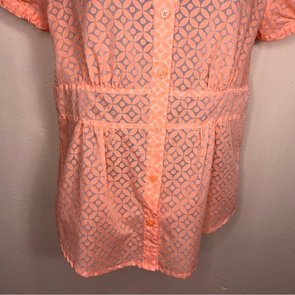 Small Attention Orange Peach Short Sleeve Blouse  Collared Boho Print Semi Sheer - Picture 3 of 12
